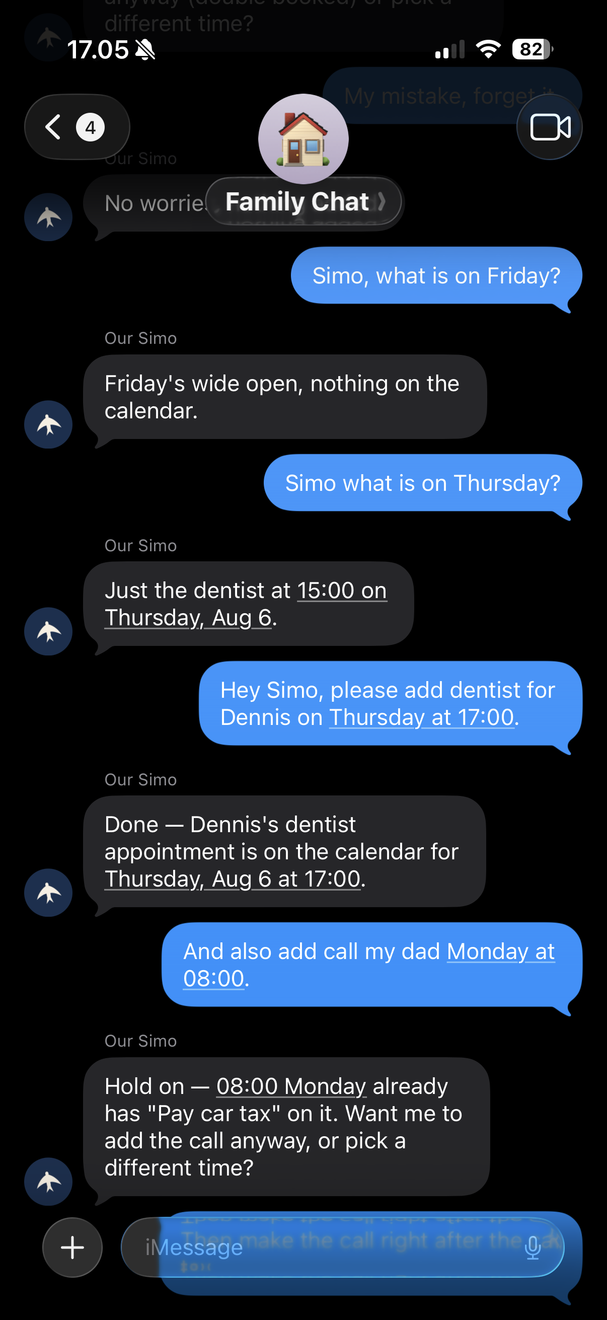 A family group chat where a message becomes a calendar event